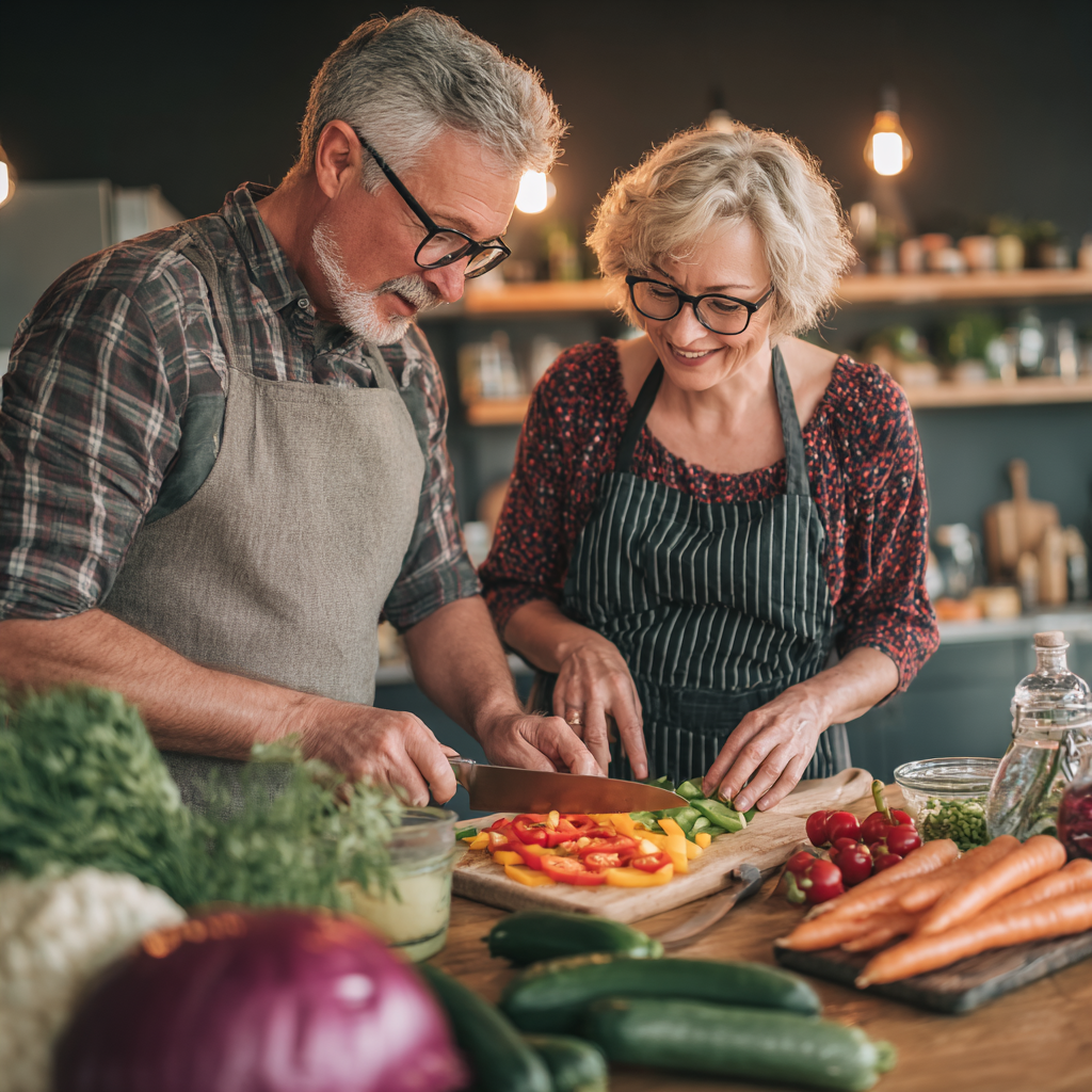 Mosolygós magyar család egészséges ételekkel körülvéve a konyhában, friss zöldségekkel és gyümölcsökkel az asztalon