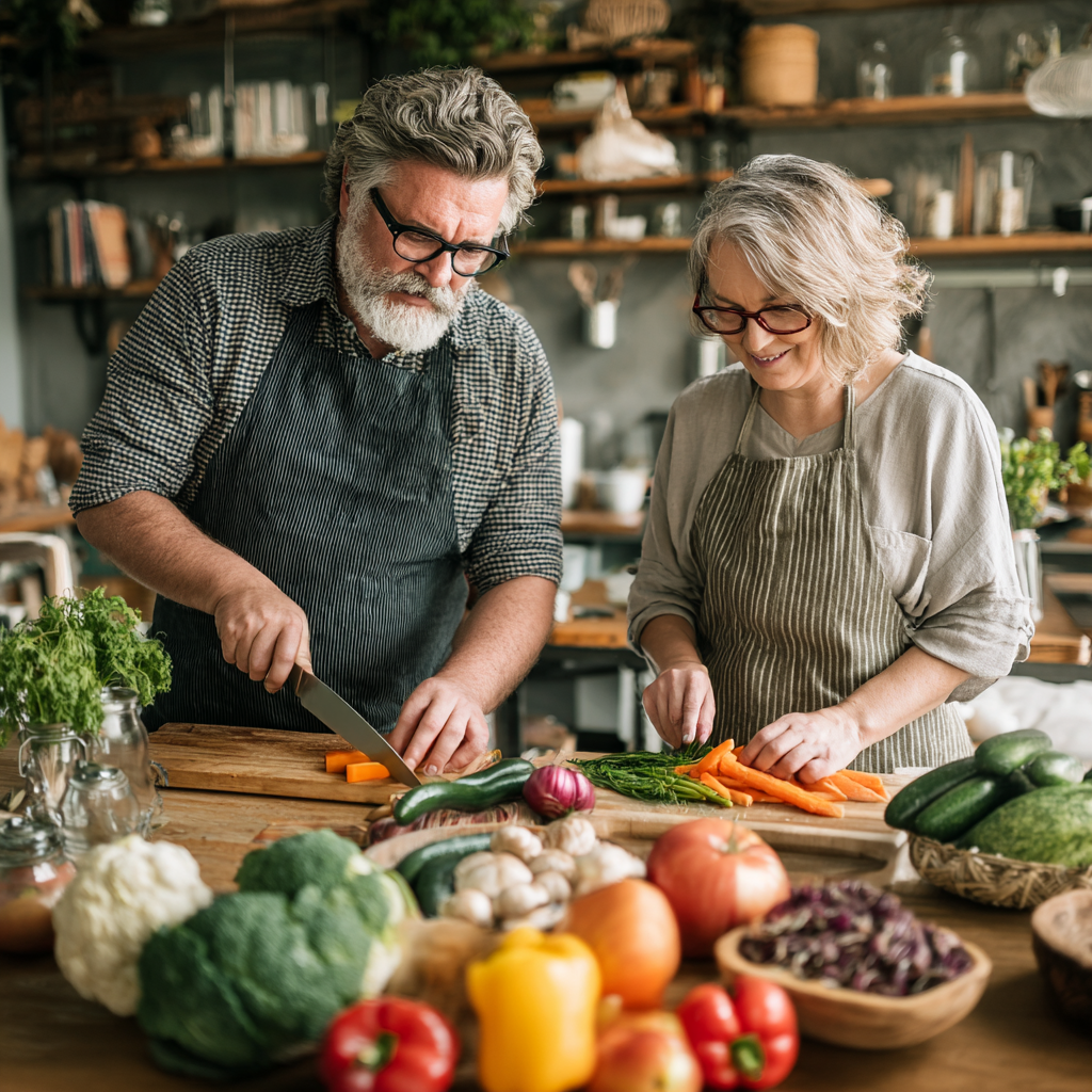 Boldog magyar idősebb pár ül az asztalnál színes, egészséges étellel teli tányérokkal, nyugodt légkörben étkeznek